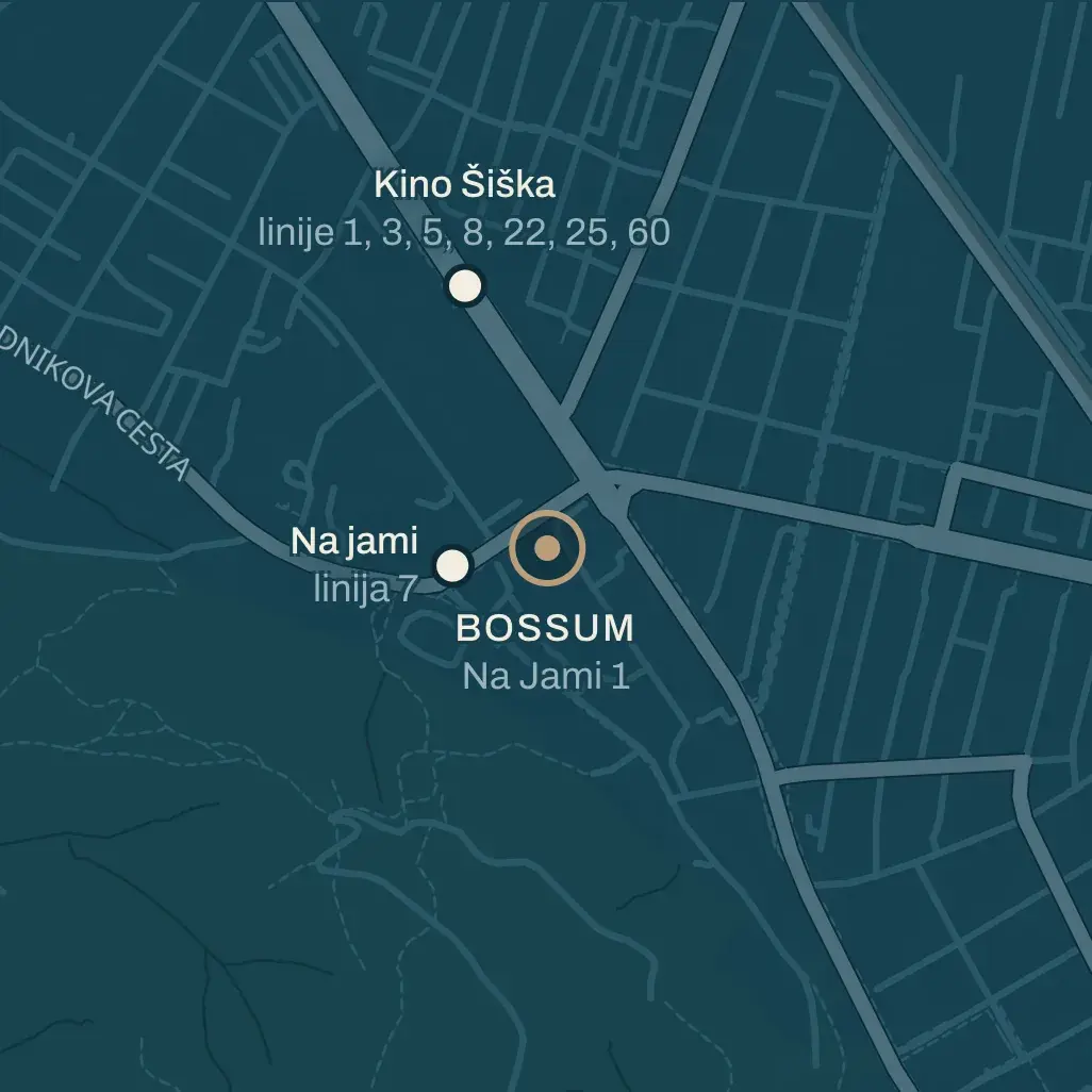 Zemljevid Spodnje Šiške. V središču BOSSUM na Na Jami 1, zahodno tik ob njem postaja Na jami (linija 7), severno postaja Kino Šiška (linije 1, 3, 5, 8, 22, 25, 60).